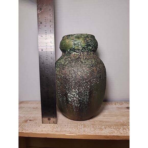 Janka Raku Pottery Vase Vessel Green Rust Orange 7" Handmade Wheel Thrown - Picture 2 of 9